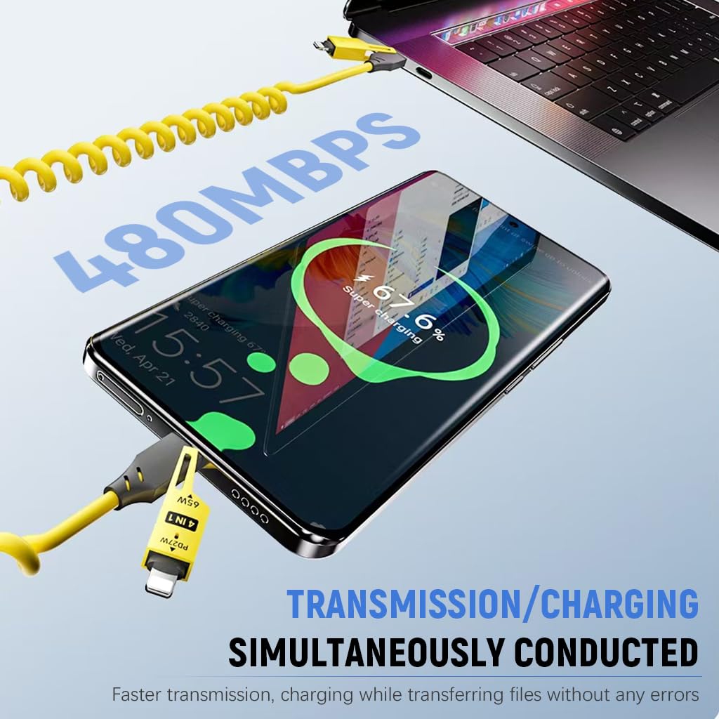 (PRIORITY)Verilux® USB C to USB C Cable for i-Phone 16/15/14/13 PD 65W 4 in 1 Fast Charging Cable with USB A & Light-ing Conector Spring Coiled Travel Charging Cable for Phone, Tablet, More