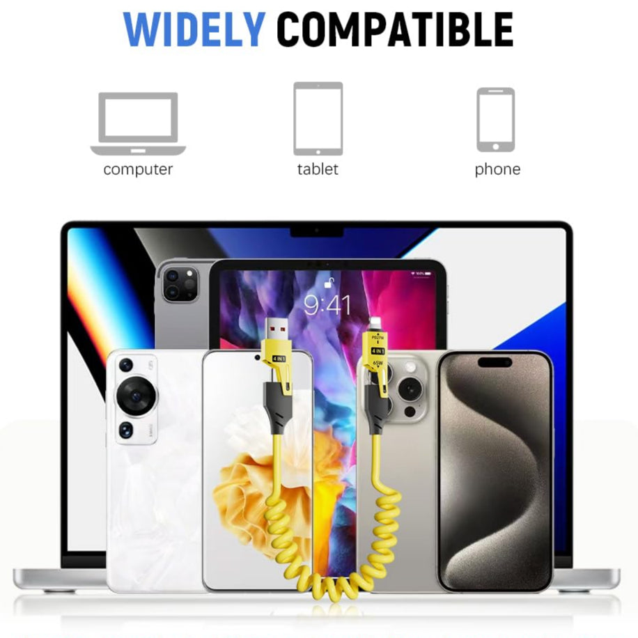(PRIORITY)Verilux® USB C to USB C Cable for i-Phone 16/15/14/13 PD 65W 4 in 1 Fast Charging Cable with USB A & Light-ing Conector Spring Coiled Travel Charging Cable for Phone, Tablet, More