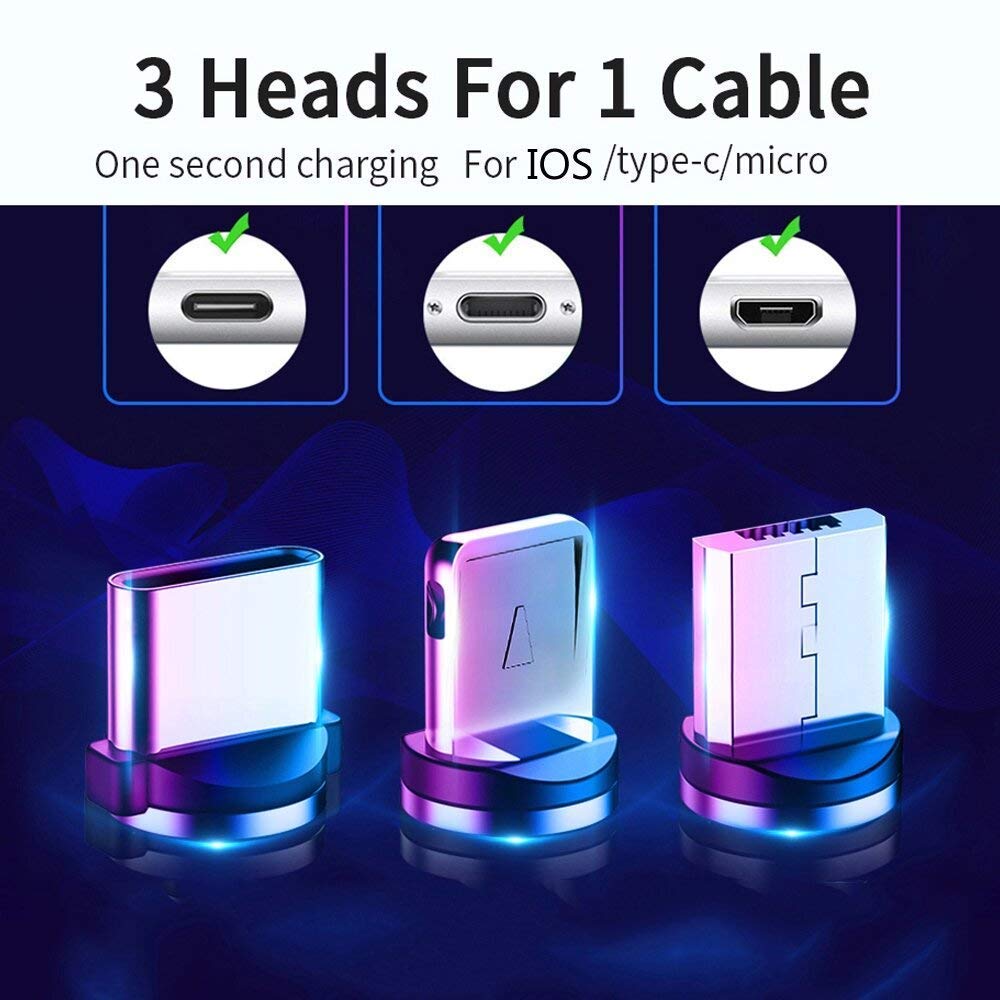 (PRIORITY)Lowfe USB 360 Degree Rotation 3 in 1 Magnetic Charging USB Cable with for LED Light, Fast Charging USB Cable with 3 Magnetic Pins Compatible for All Android Type-c Mobiles iOS Devices