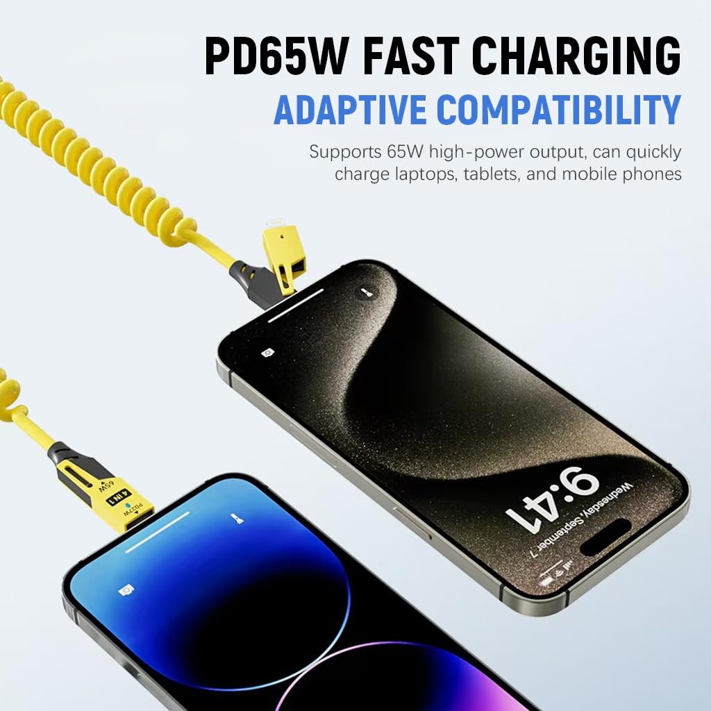 (PRIORITY)Verilux® USB C to USB C Cable for i-Phone 16/15/14/13 PD 65W 4 in 1 Fast Charging Cable with USB A & Light-ing Conector Spring Coiled Travel Charging Cable for Phone, Tablet, More
